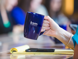 KSM Location Advisors logo on a blue Mug
